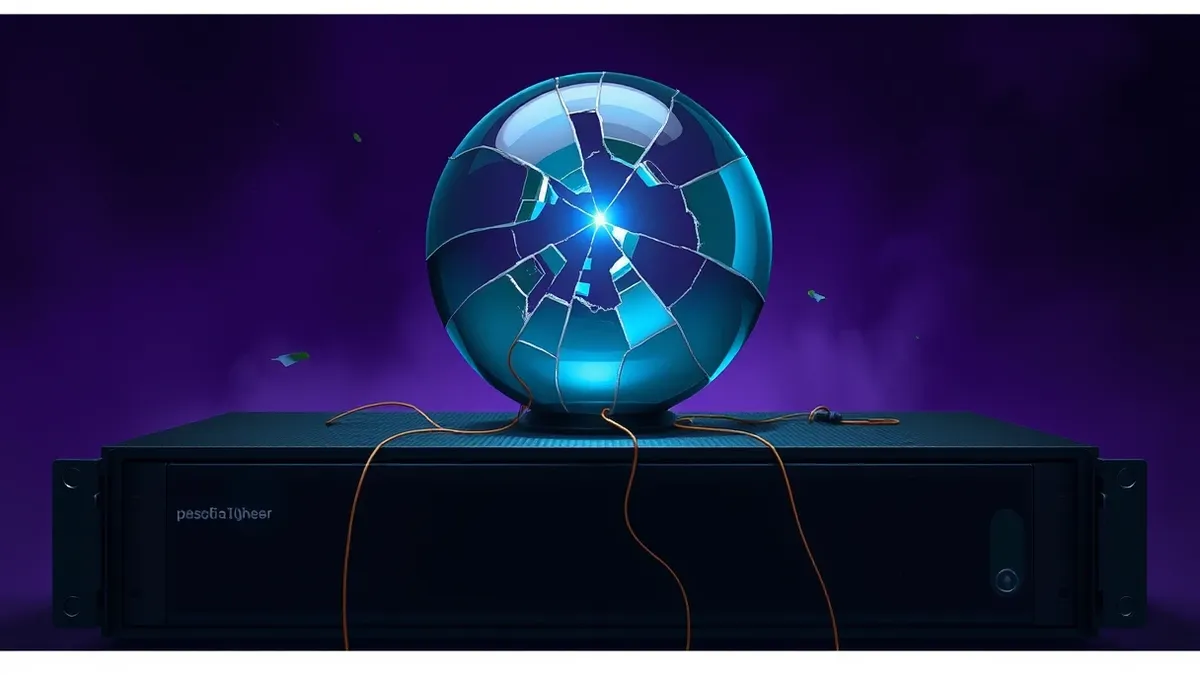 Illustration: A cracked glass sphere sits atop a smooth black server box, with thin golden wires spilling out from the fracture.