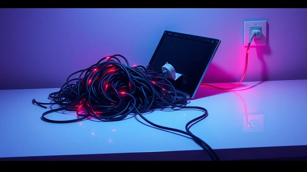 Illustration: A tangled knot of black cables spills from a torn laptop chassis onto a sterile white desk.