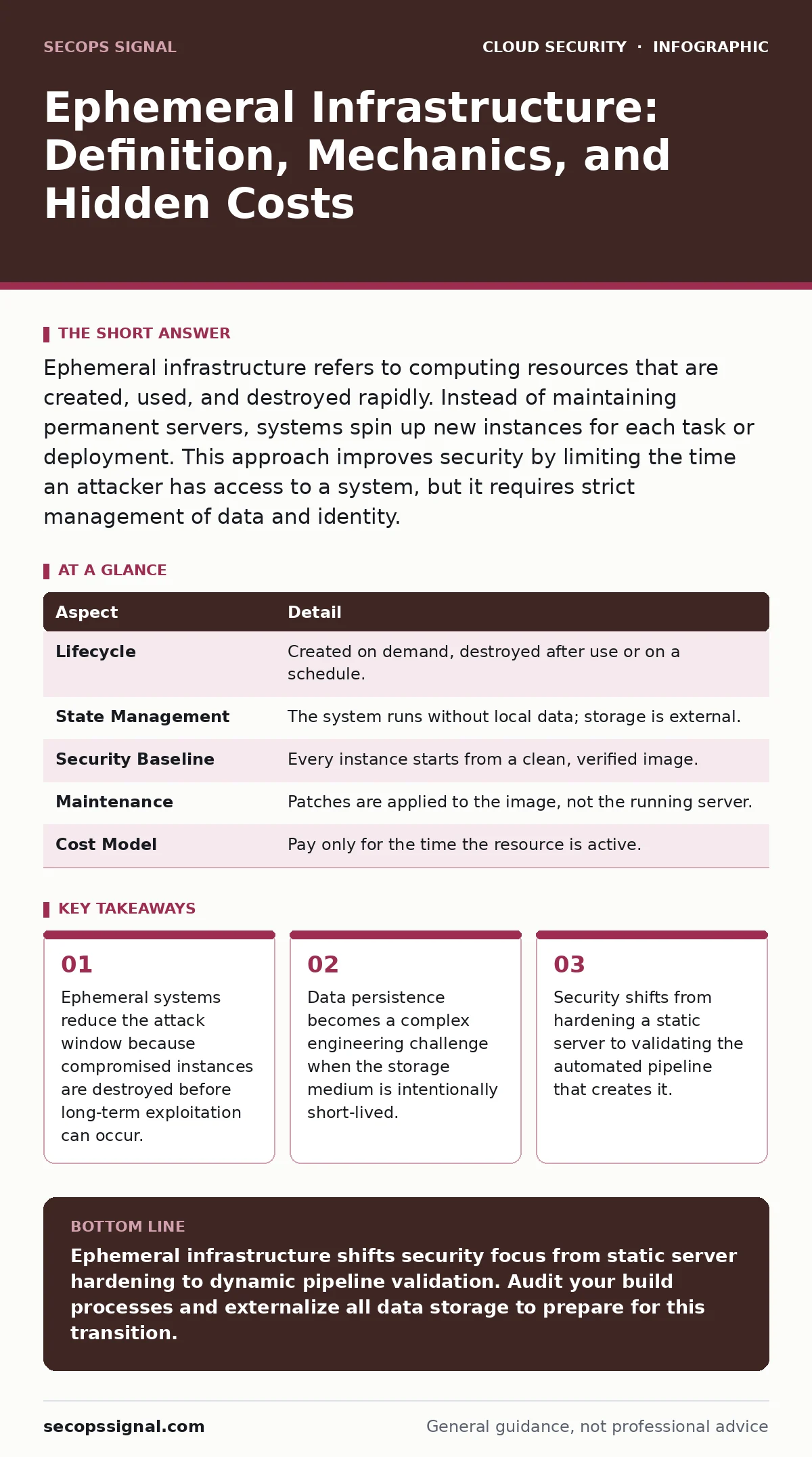 Infographic: Ephemeral Infrastructure: Definition, Mechanics, and Hidden Costs. Ephemeral systems reduce the attack window because compromised instances are destroyed before long-term exploitation can occur. Data persistence becomes a complex engineering challenge when the storage medium is intentio