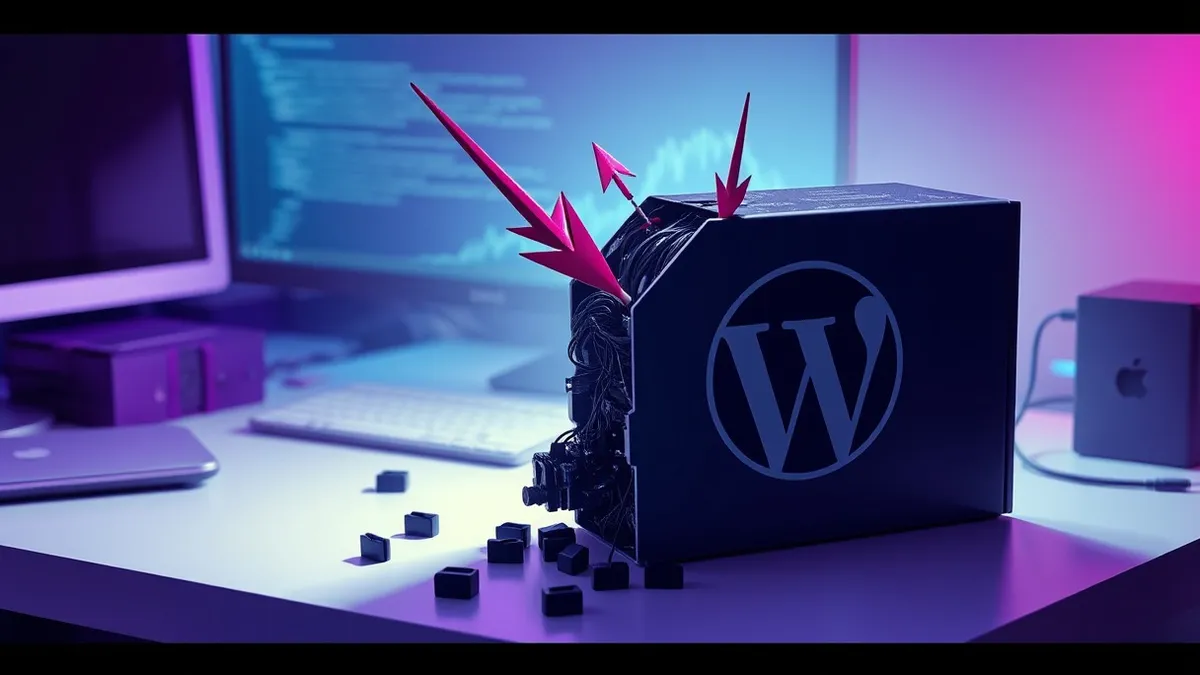 Illustration: A generic WordPress plugin box sits on a digital desk, its side panel ripped open to reveal tangled wires and exposed circuitry.