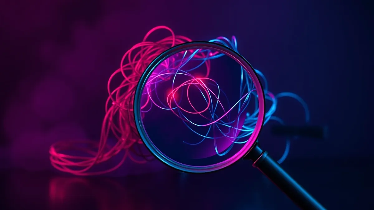 Illustration: A magnifying glass hovers over a tangled knot of glowing red and blue wires representing hidden web scripts.