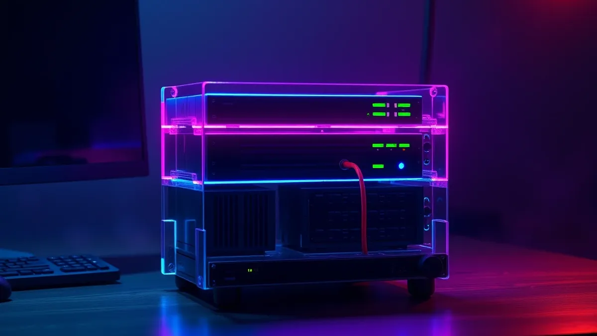 Illustration: A transparent layered diagram of a network appliance sits on a desk.