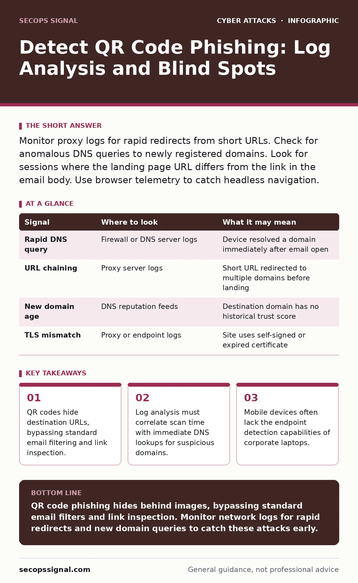 Infographic: Detect QR Code Phishing: Log Analysis and Blind Spots. QR codes hide destination URLs, bypassing standard email filtering and link inspection. Log analysis must correlate scan time with immediate DNS lookups for suspicious domains. Mobile devices often lack the endpoint detection capabi