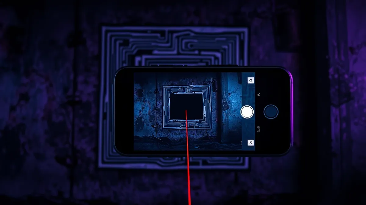 Illustration: A smartphone camera frames a complex black and white square pattern on a weathered urban wall.