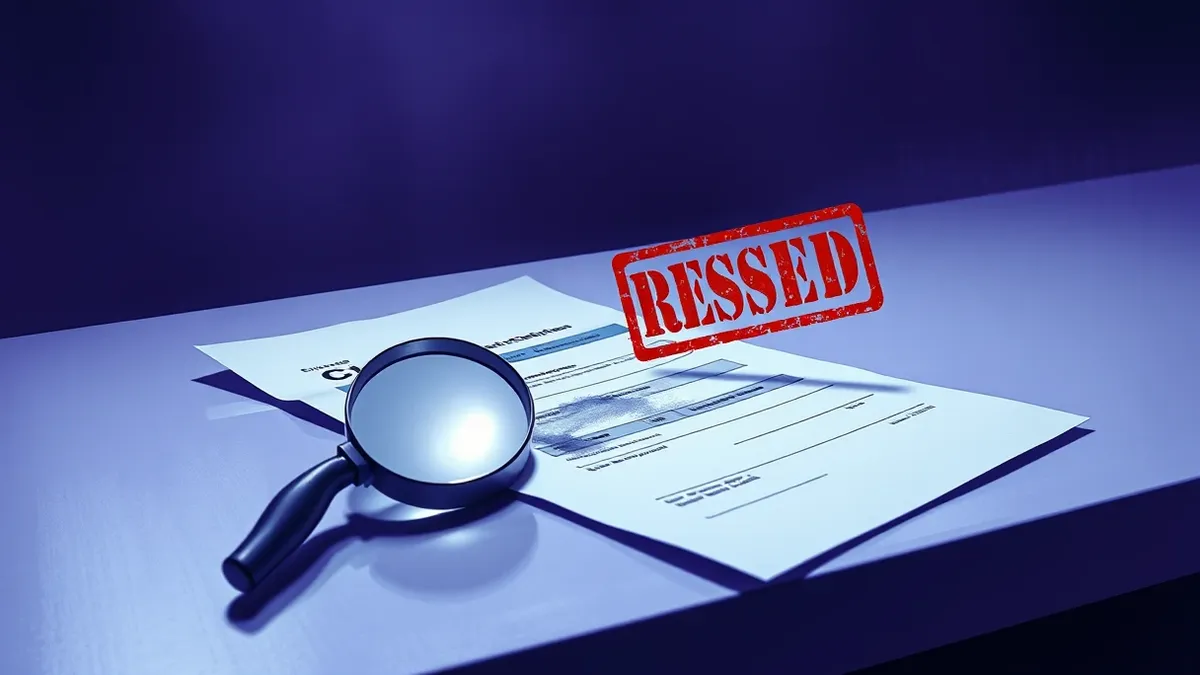 Illustration: A single white medical claim form lies crumpled on a sterile counter, partially covered by a red rubber stamp showing an abstract rejection symbol.