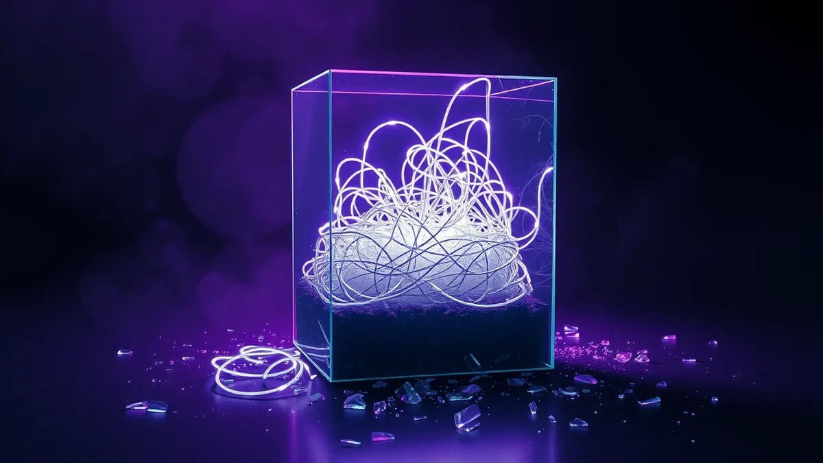 Illustration: A transparent glass box sits on a dark surface, containing a tangled mass of glowing white wires that have burst through the walls.