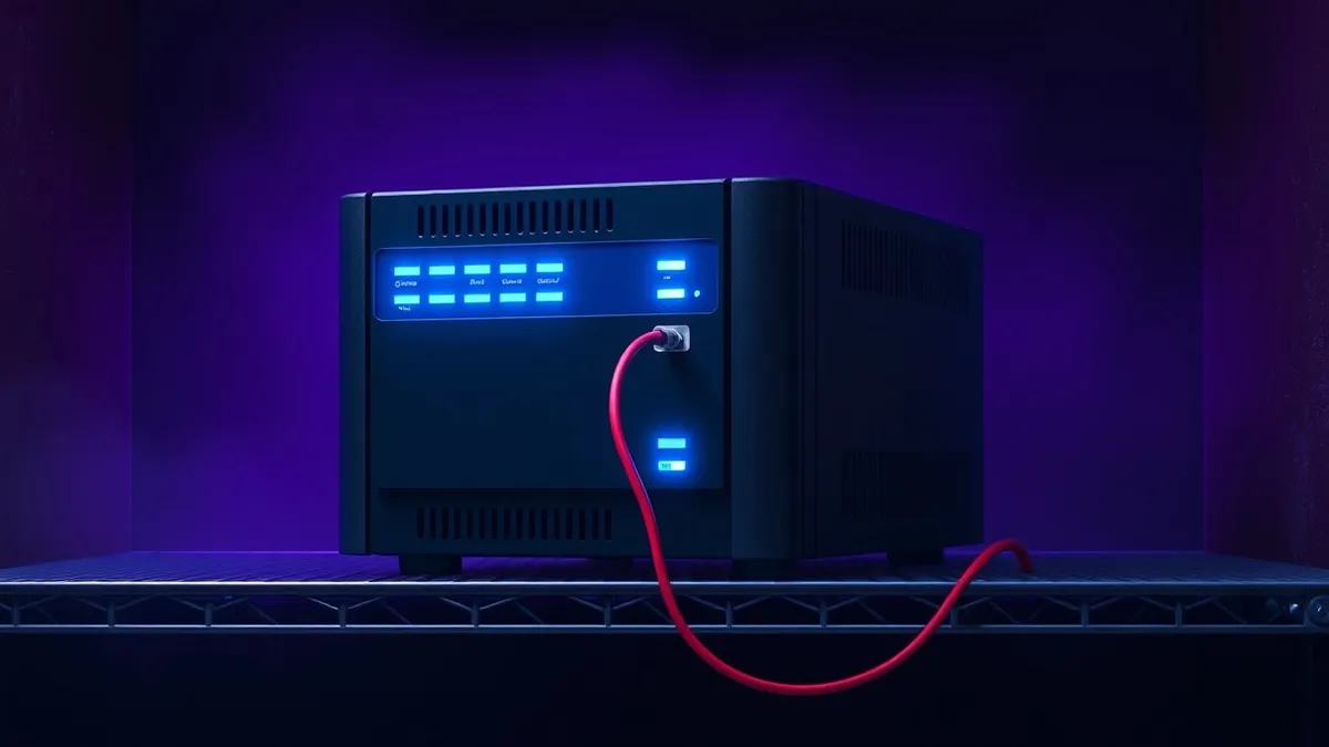 Illustration: A sleek security gateway appliance sits isolated on a metal shelf, its front panel glowing with abstract blue status lights.