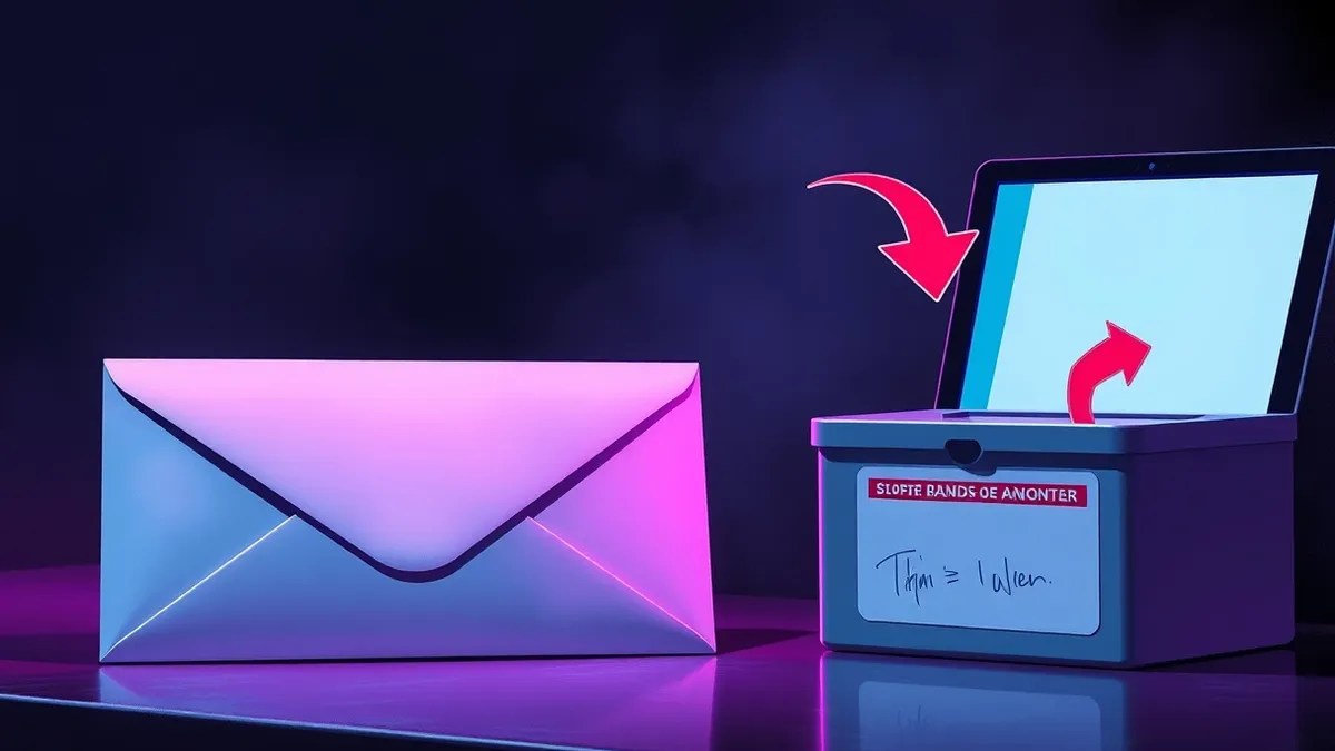 Illustration: An envelope with a visible digital signature stamp sits next to a mail sorting chute with red and green directional arrows pointing to separate bins, illustrating how