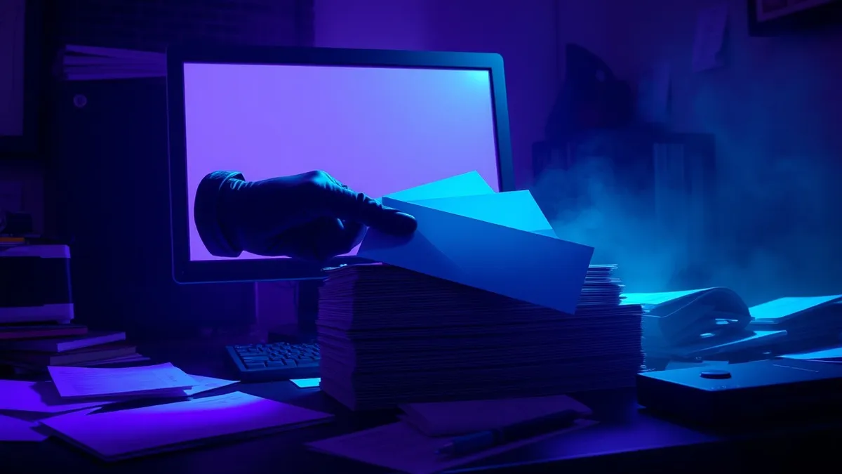 Illustration: A gloved hand places a thick stack of blank envelopes onto a cluttered office desk beside a dormant computer tower.