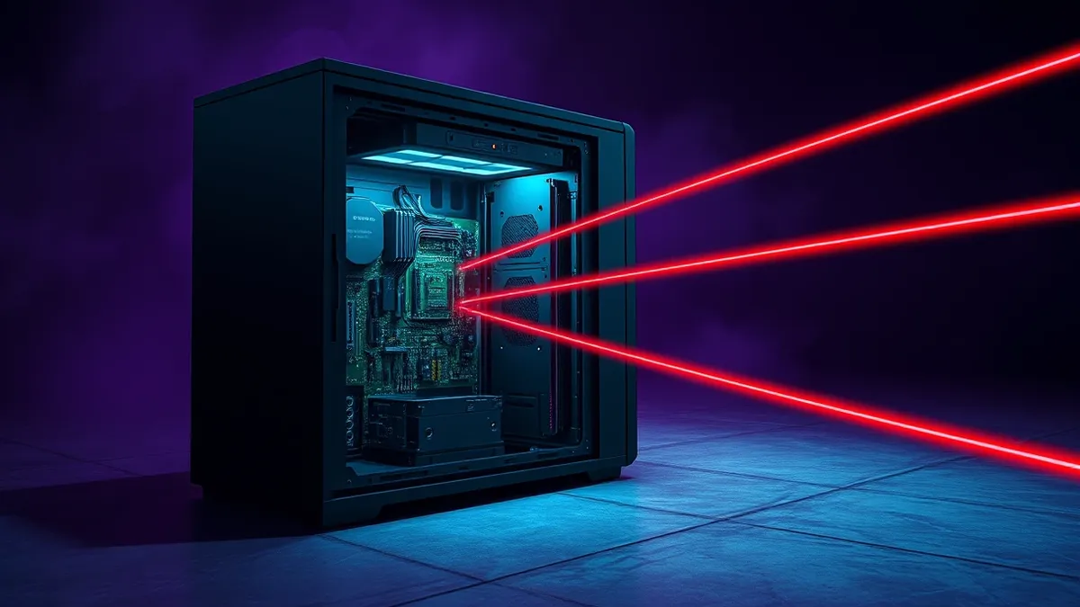 Illustration: A sleek black server tower sits on a concrete floor with its side panel removed, exposing green circuit boards.