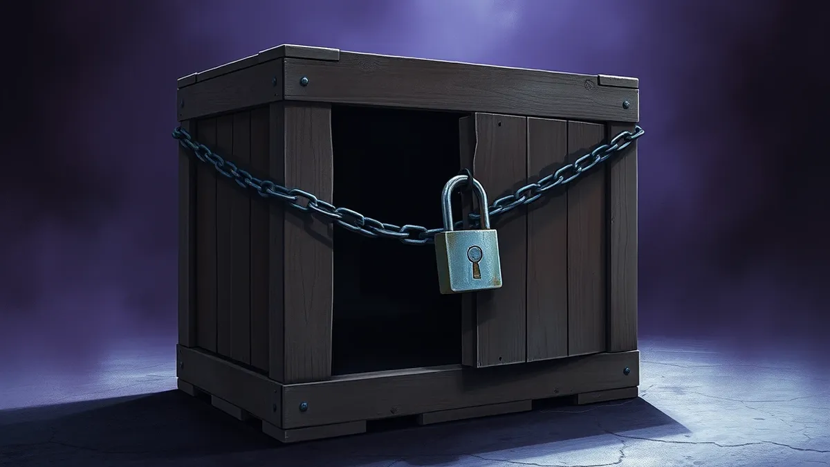 Illustration: A sturdy wooden crate sits on a concrete floor, its original door broken open.