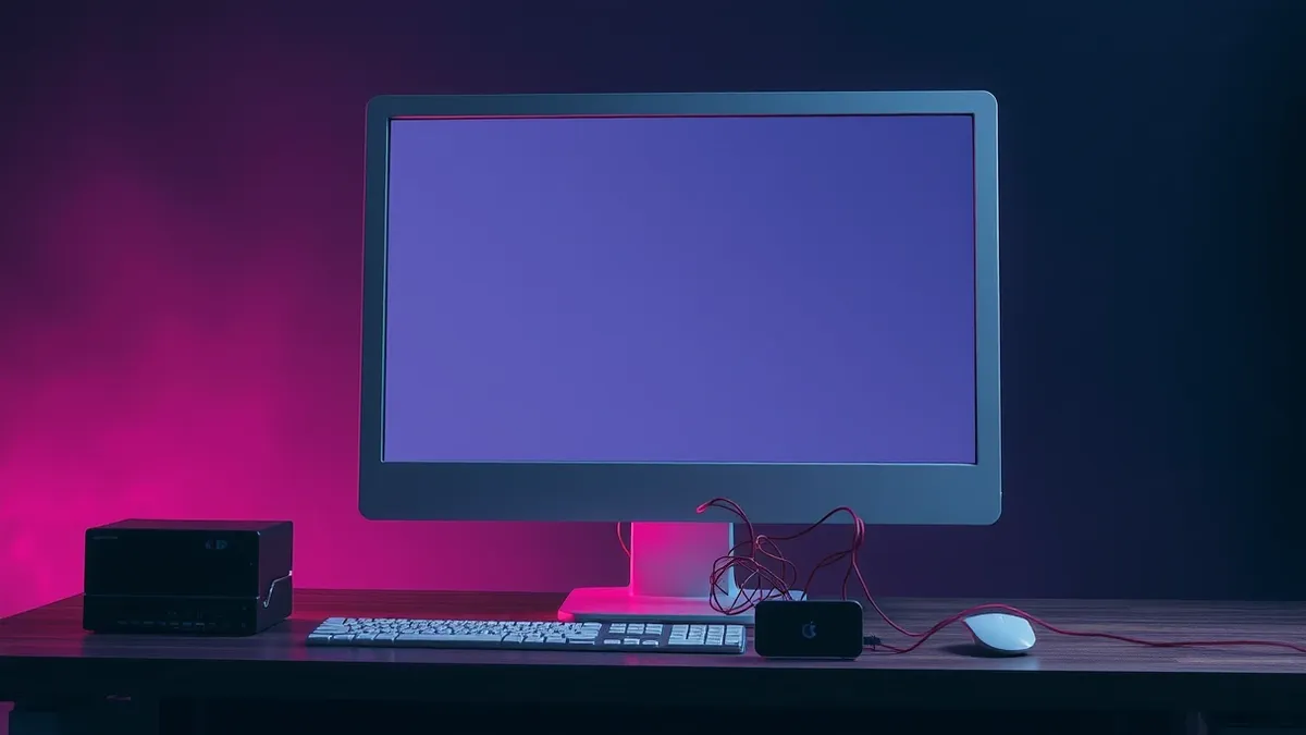 Illustration: A white computer monitor sits on a wooden desk, its screen displaying a frozen, abstract geometric pattern that loops endlessly without change.