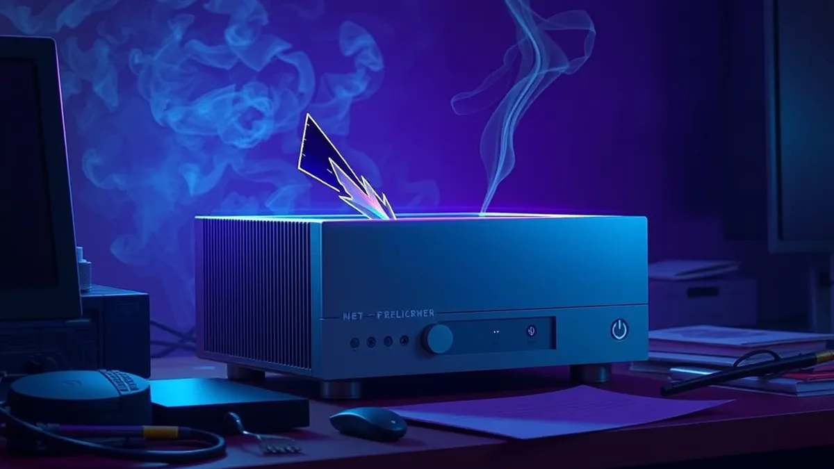 Illustration: A sleek silver media converter sits on a cluttered desk, its power button flickering erratically as a jagged, abstract digital shard pierces its central processing un