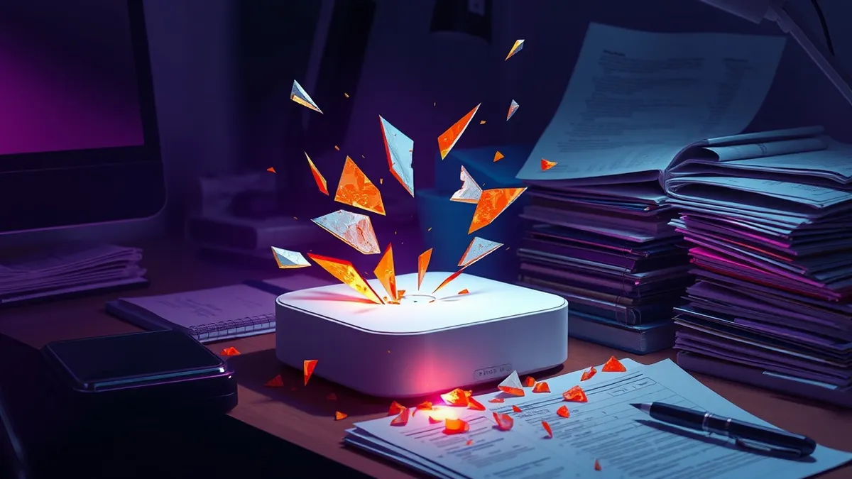 Illustration: A cracked smart home hub sits on a cluttered desk beside a small business ledger.