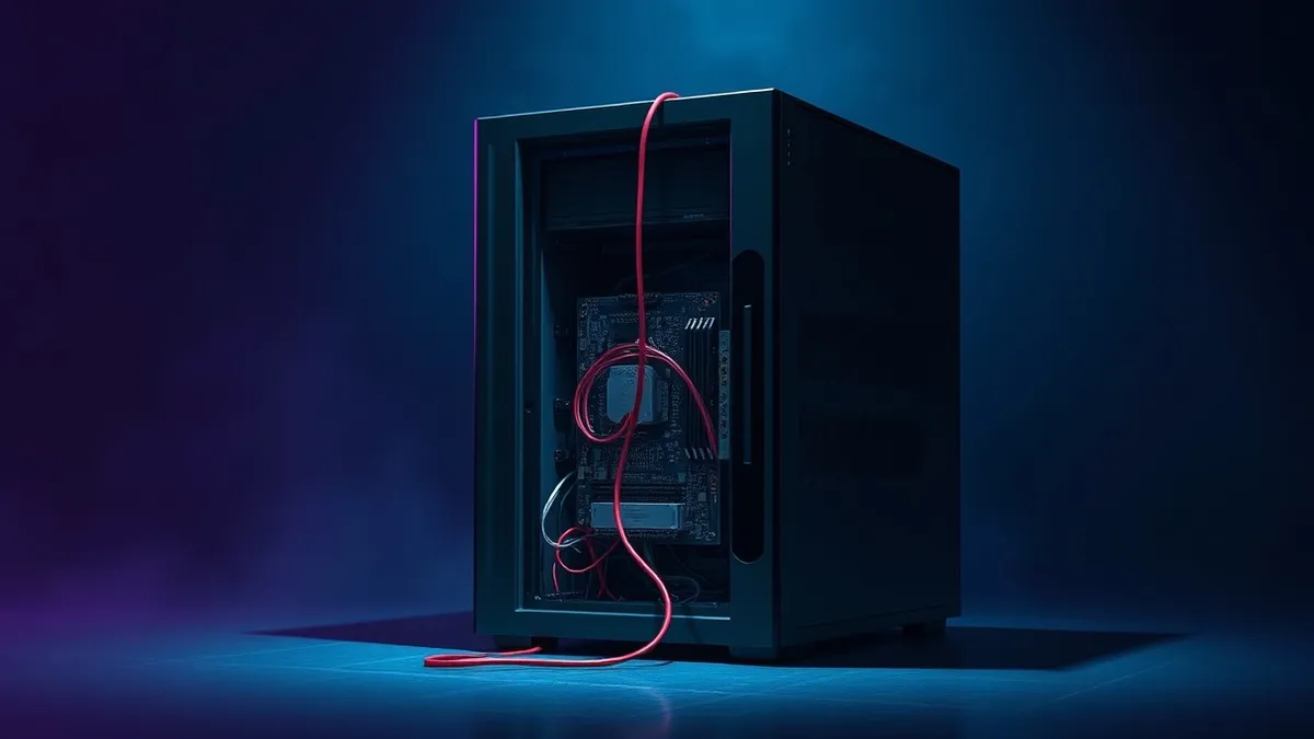 Illustration: A sleek black server sits alone in a dim room with its front panel wide open, revealing tangled wires and exposed circuit boards.