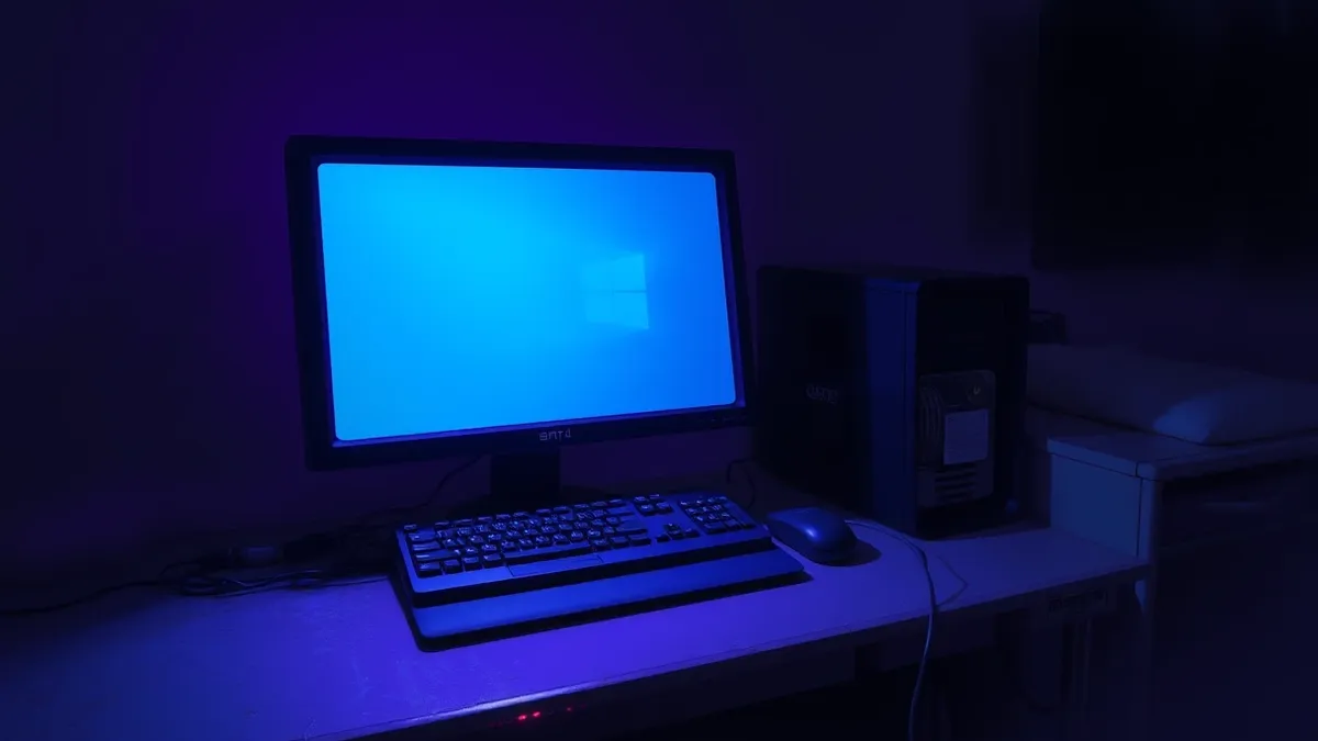 Illustration: A single computer monitor sits on a dusty desk, its screen displaying a frozen blue interface with a static cursor.