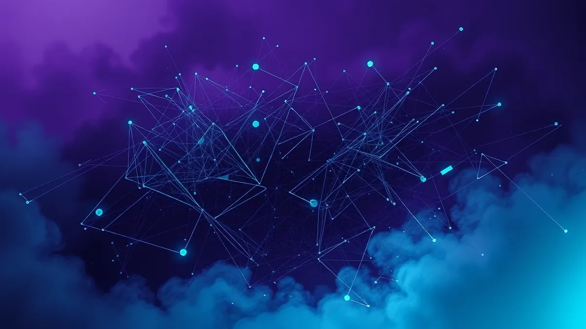 Illustration: A chaotic storm of tangled, abstract geometric shapes swirls around a single, clean digital node.