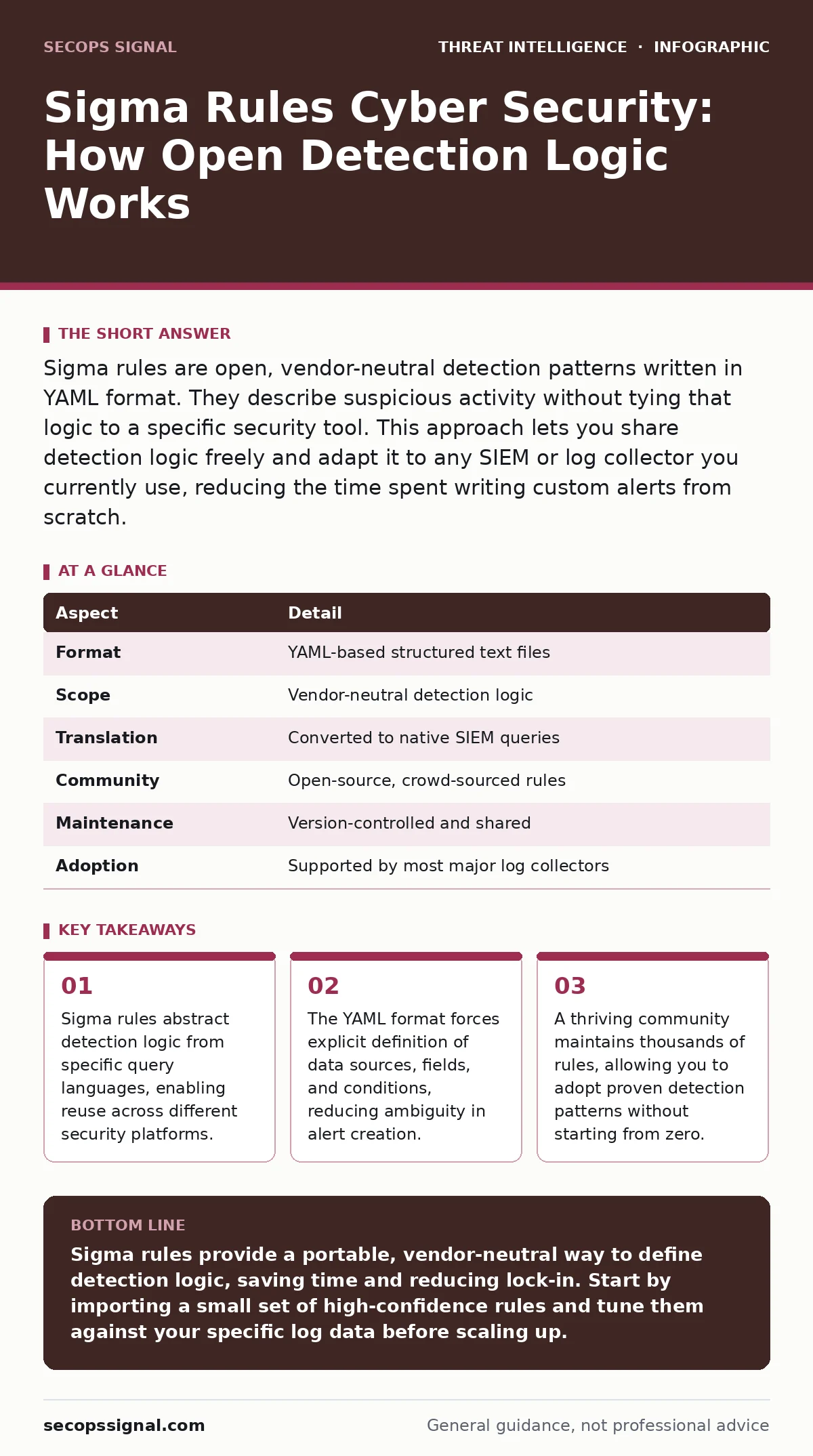 Infographic: Sigma Rules Cyber Security: How Open Detection Logic Works. Sigma rules abstract detection logic from specific query languages, enabling reuse across different security platforms. The YAML format forces explicit definition of data sources, fields, and conditions, reducing ambiguity in a