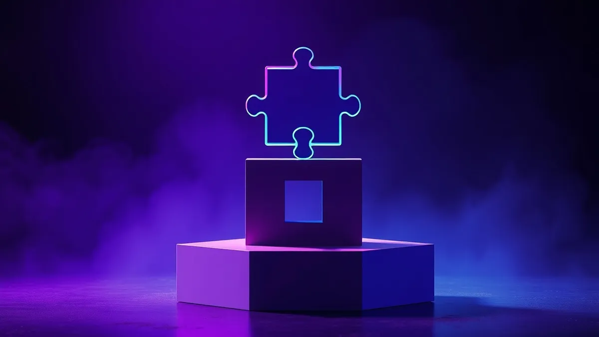 Illustration: A single transparent puzzle piece floats above a stack of three distinct, colorful geometric platforms.