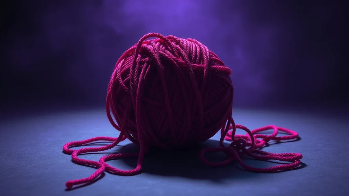 Illustration: A tangled ball of red yarn sits on a desk, with several loose ends hanging off the edge into darkness.