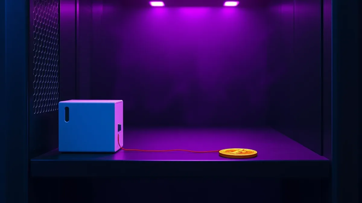 Illustration: A single golden coin rests on a dark server shelf.