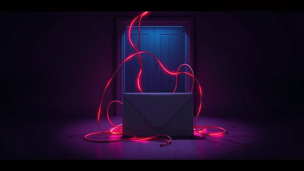 Illustration: A tangled knot of glowing red cables pulses with erratic light, snaking out from beneath a sealed office door into a dark void.