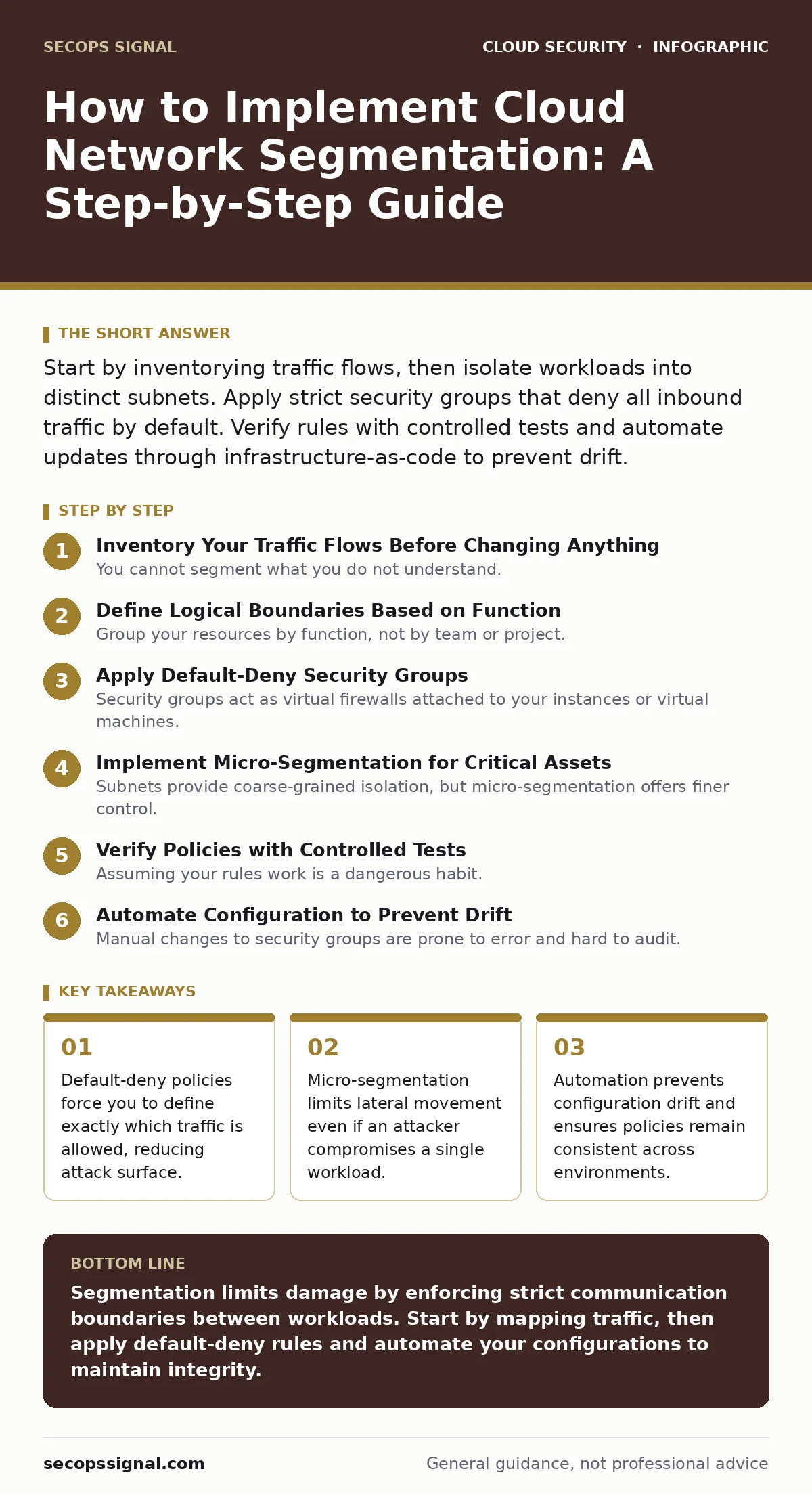 Infographic: How to Implement Cloud Network Segmentation: A Step-by-Step Guide. Default-deny policies force you to define exactly which traffic is allowed, reducing attack surface. Micro-segmentation limits lateral movement even if an attacker compromises a single workload. Automation prevents confi
