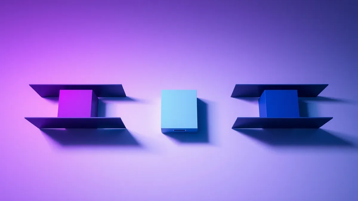 Illustration: A flat, top-down view of a clean white surface where three distinct, color-coded geometric shapes sit apart from each other.
