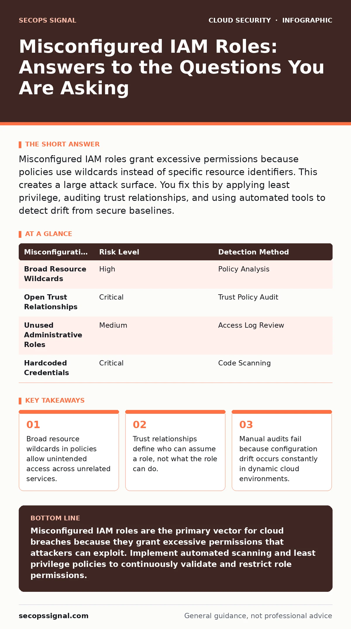 Infographic: Misconfigured IAM Roles: Answers to the Questions You Are Asking. Broad resource wildcards in policies allow unintended access across unrelated services. Trust relationships define who can assume a role, not what the role can do. Manual audits fail because configuration drift occurs con