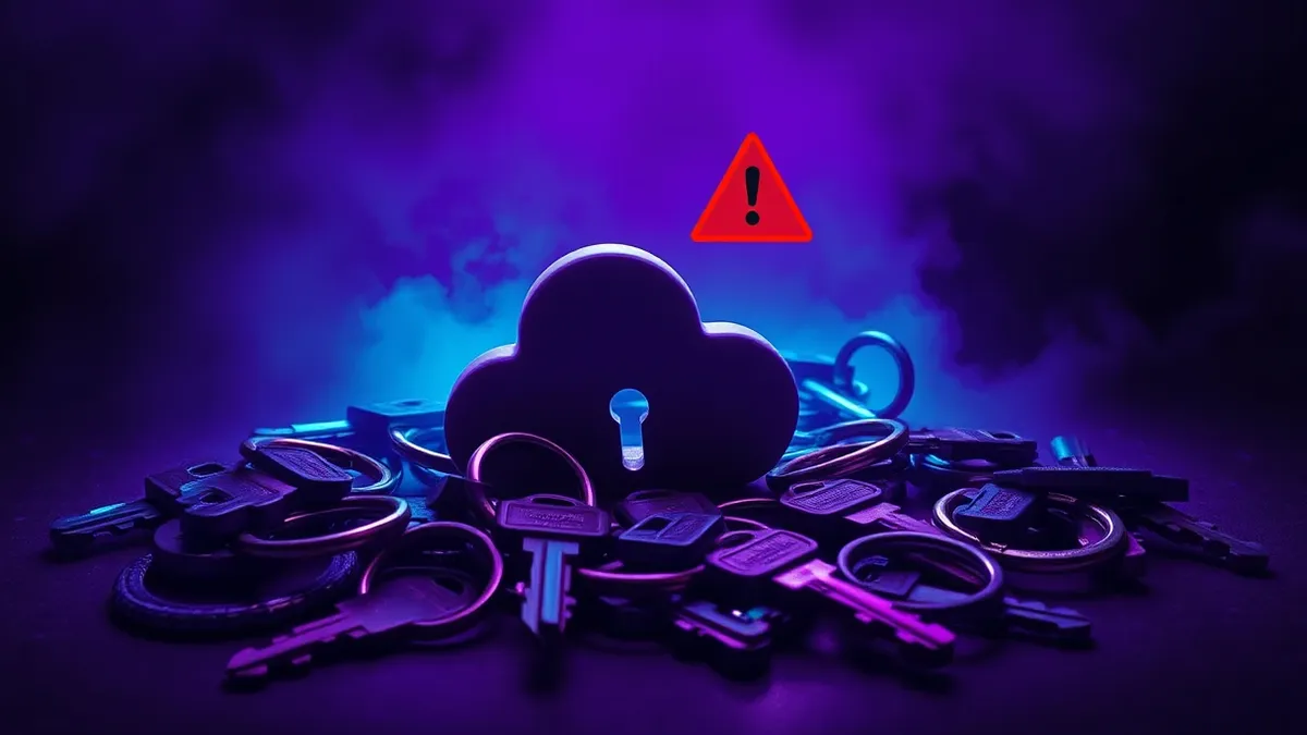 Illustration: An abstract cloud icon sits above a scattered collection of loose, oversized key rings.