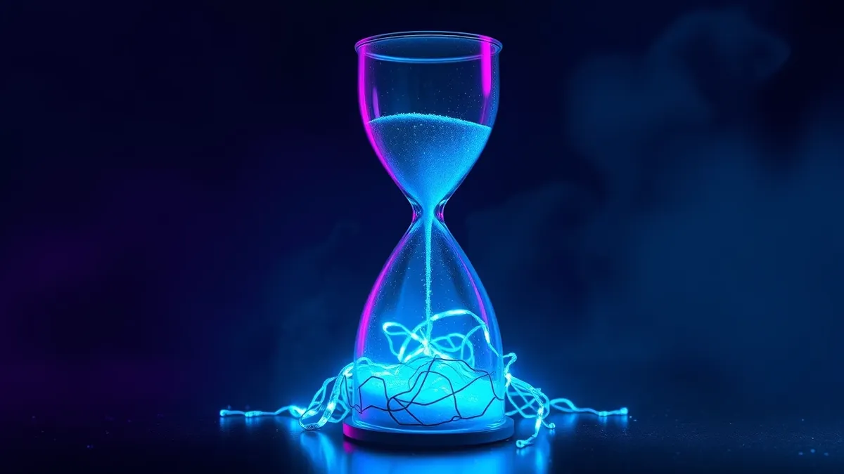 Illustration: A transparent glass hourglass filled with glowing blue digital sand stands on a dark metal table.