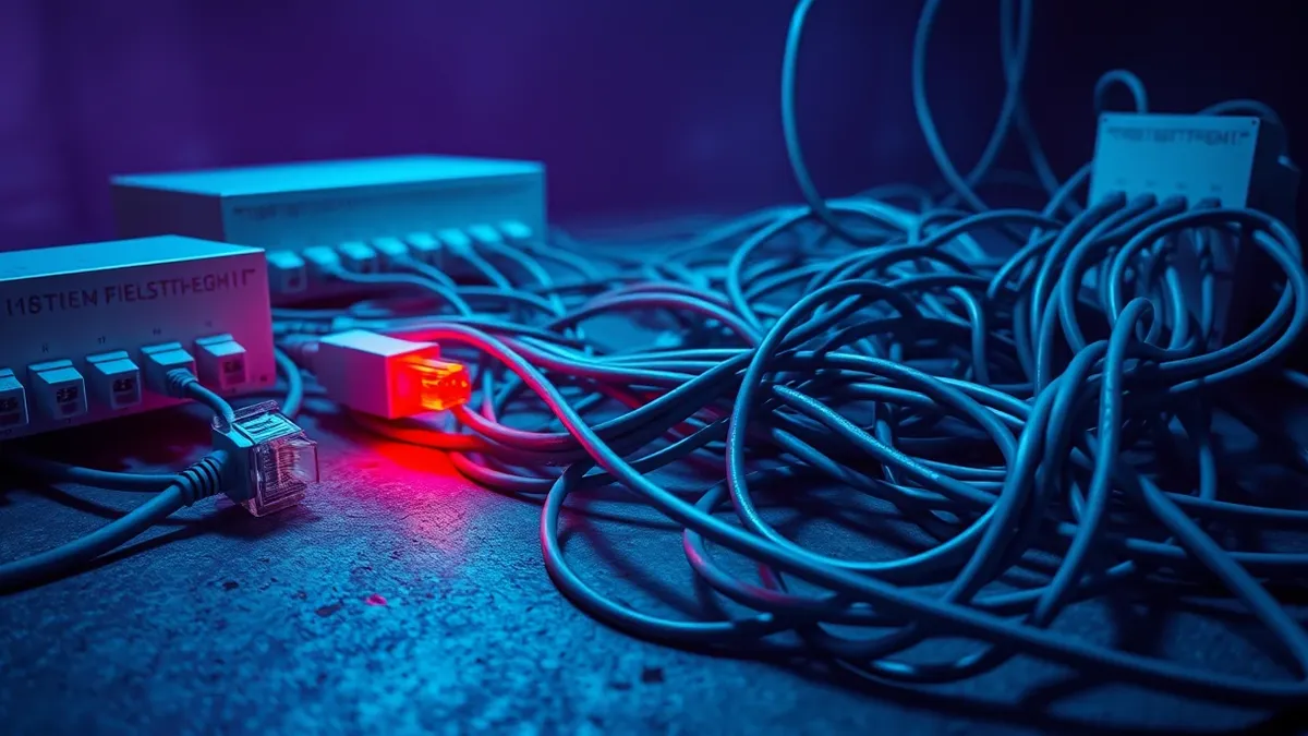 Illustration: A tangled nest of gray Ethernet cables snakes across a concrete floor, connecting to several identical white network switches.