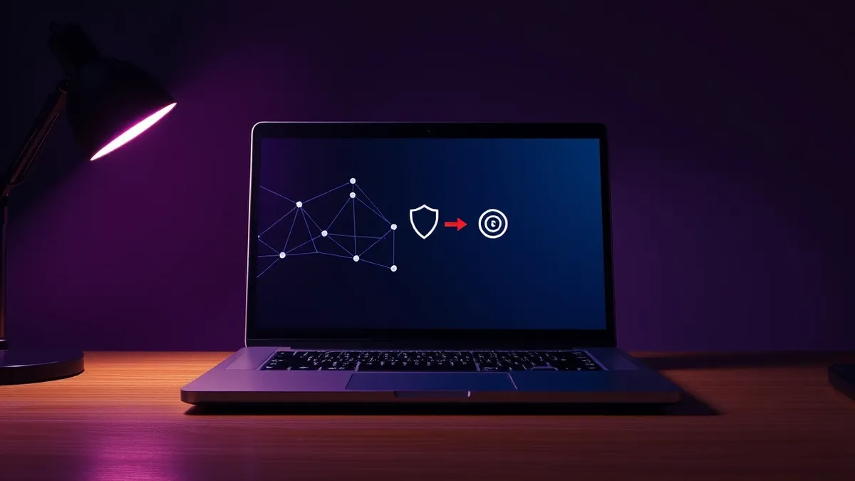 Illustration: A single laptop sits open on a wooden desk, its screen displaying abstract geometric shapes connected by thin lines.