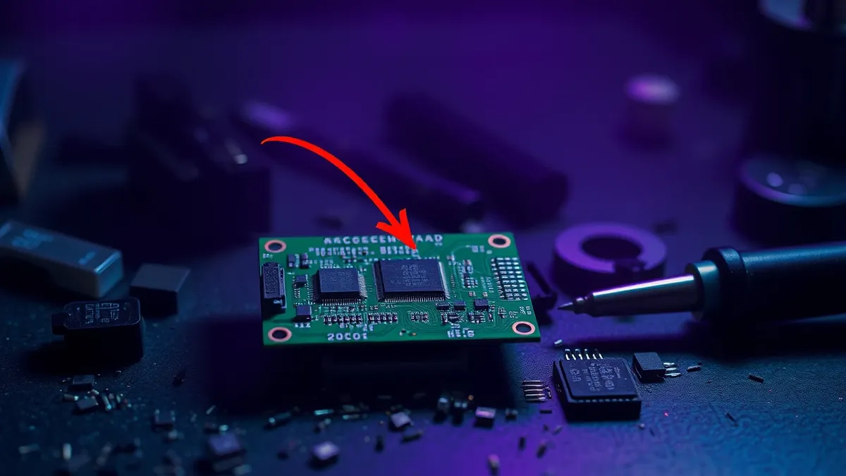 Illustration: A small green circuit board with microchrests sits on a workbench.