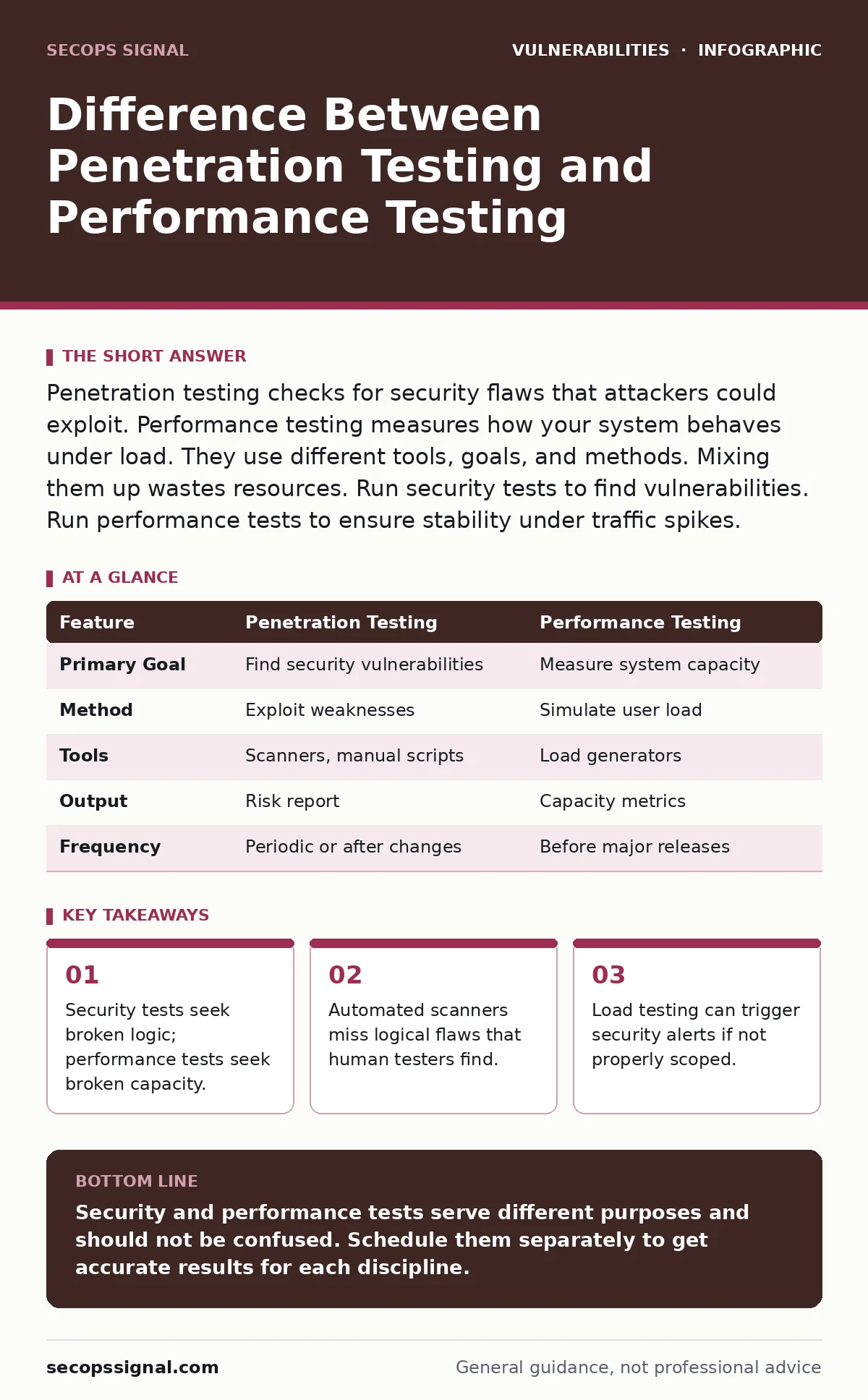 Infographic: Difference Between Penetration Testing and Performance Testing. Security tests seek broken logic; performance tests seek broken capacity. Automated scanners miss logical flaws that human testers find. Load testing can trigger security alerts if not properly scoped.