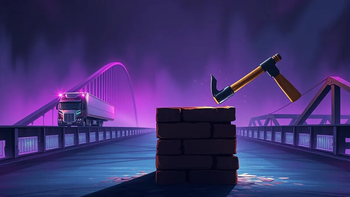 Illustration: A stressed bridge bends under heavy truck traffic on one side while a sledgehammer strikes a loose brick on the other side.