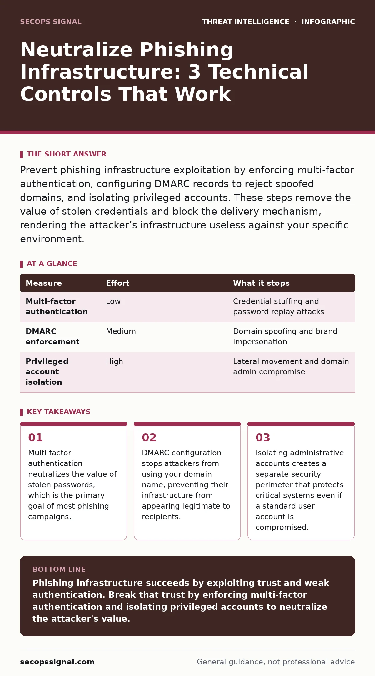 Infographic: Neutralize Phishing Infrastructure: 3 Technical Controls That Work. Multi-factor authentication neutralizes the value of stolen passwords, which is the primary goal of most phishing campaigns. DMARC configuration stops attackers from using your domain name, preventing their infrastructu