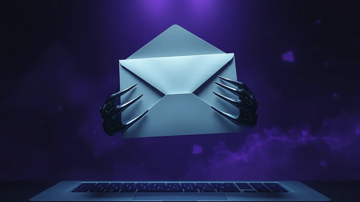 Illustration: A generic email envelope is caught in mid-air by a pair of mechanical metal claws that grip the envelope's seal.