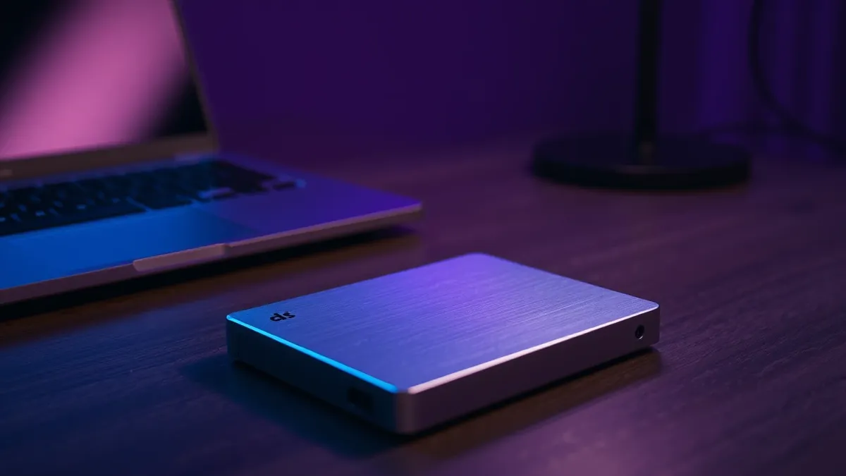 Illustration: A silver external hard drive rests on a wooden desk next to a closed laptop.