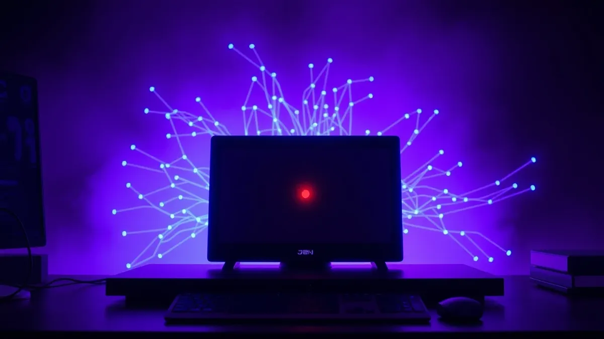 Illustration: A sleek network firewall sits on a desk, its blank screen displaying a single red node connected to a web of white lines.