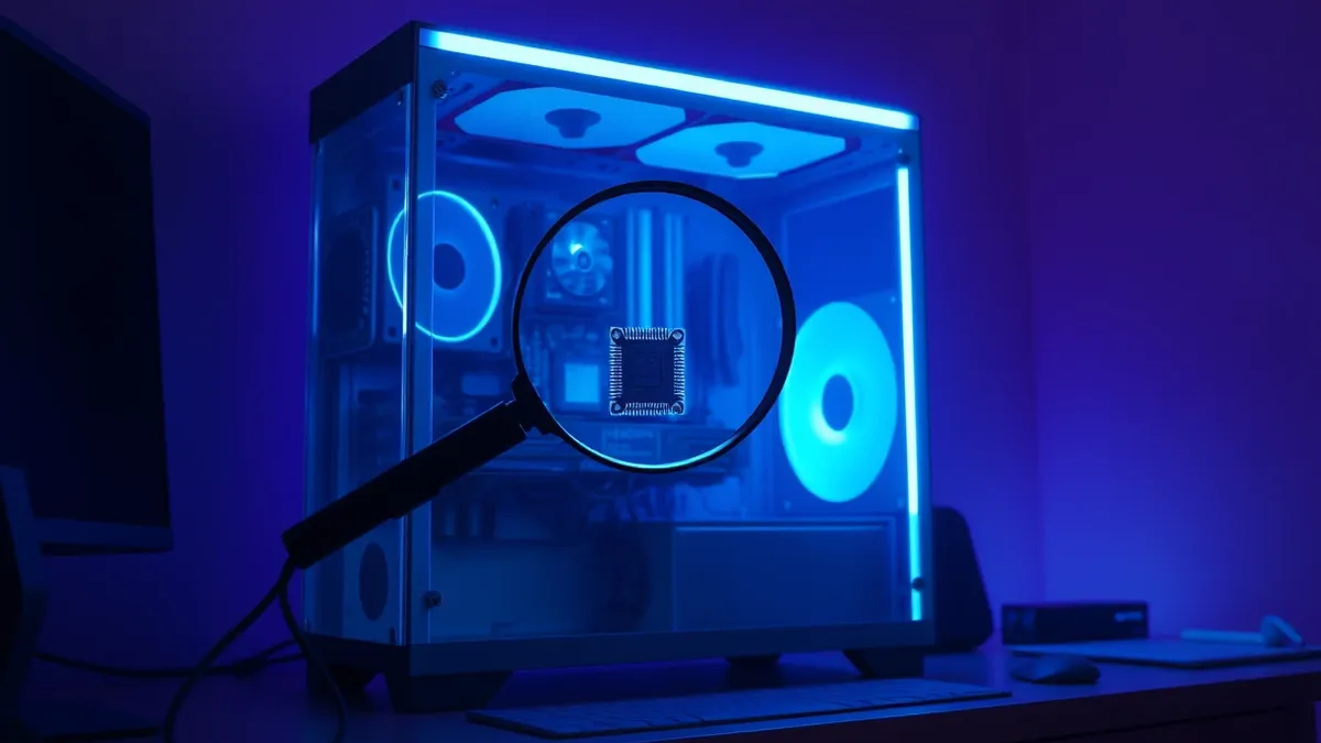 Illustration: A transparent computer tower sits on a desk, revealing internal components bathed in soft blue light.
