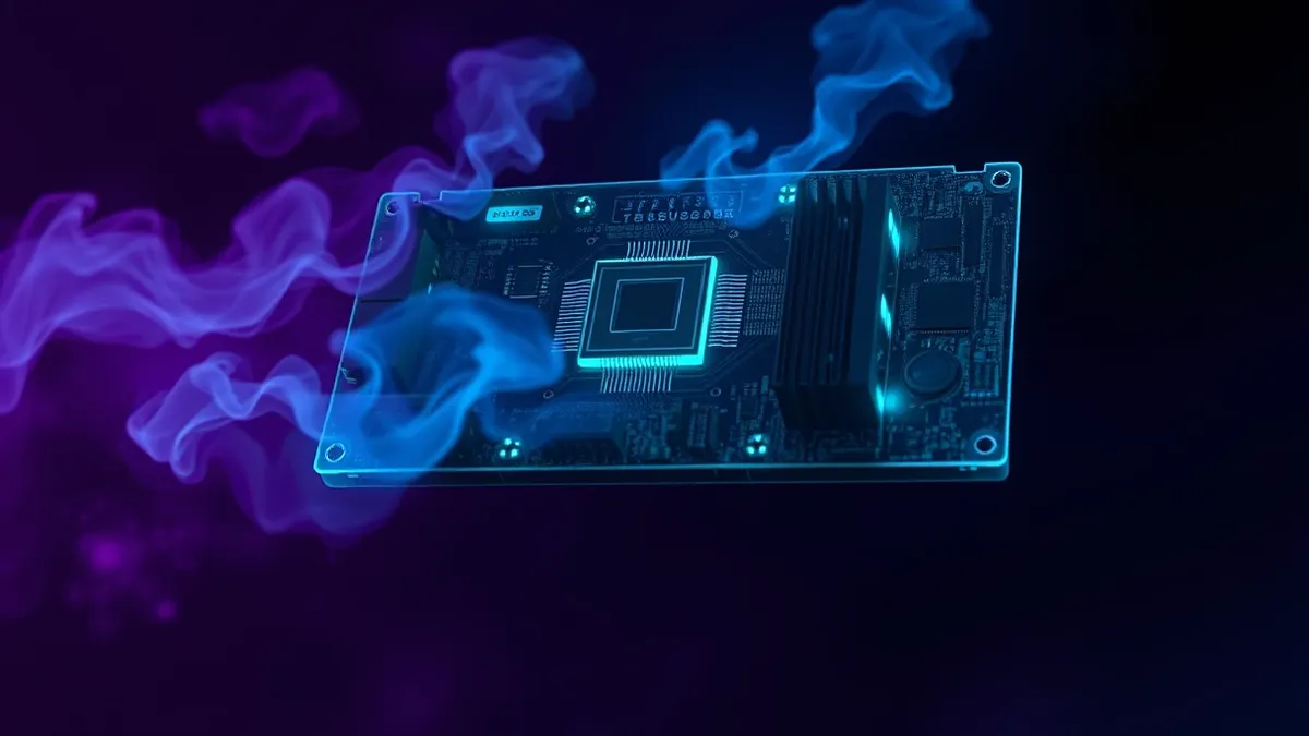 Illustration: A transparent computer motherboard floats in midair, glowing with intricate circuits.