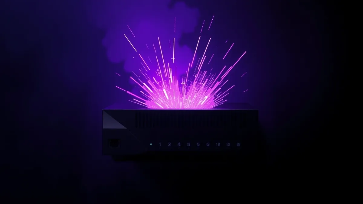 Illustration: A generic network router sits isolated in the dark with its front panel lights blinking erratically.