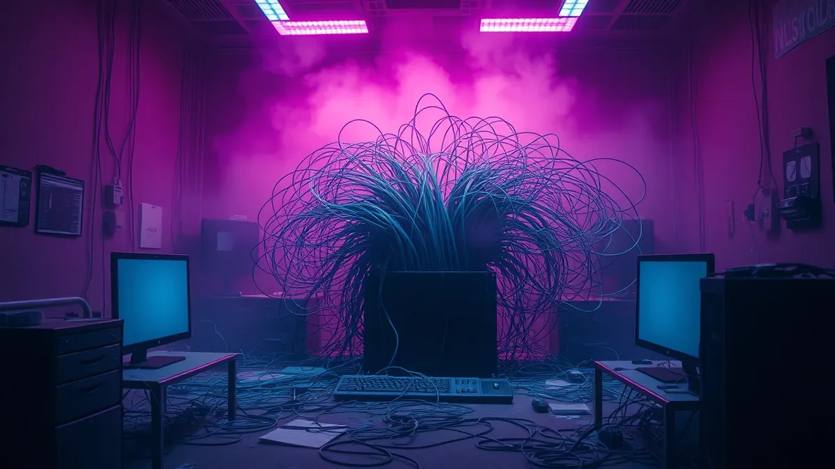 Illustration: A tangled knot of chaotic fiber optic cables bursts from a small, black software automation box, choking the neat workspace.