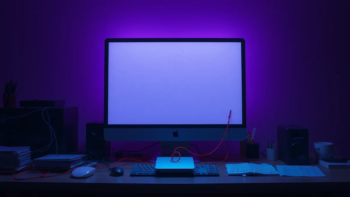 Illustration: A blank computer monitor sits on a cluttered desk, displaying only abstract geometric shapes.
