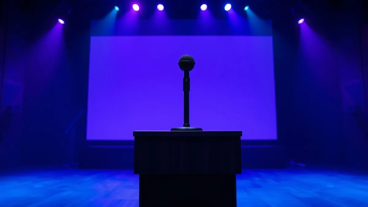 Illustration: A sleek black microphone sits on a polished wooden podium in front of a large blank screen.