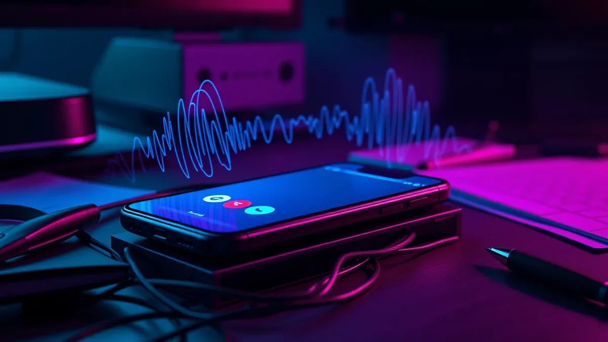Illustration: A sleek smartphone rests on a cluttered office desk, its screen glowing with a generic incoming call interface.