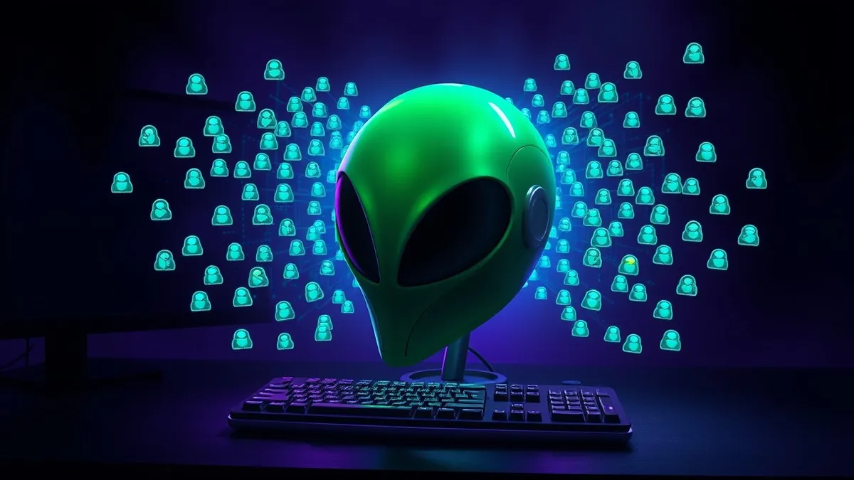 Illustration: A glowing green alien helmet rests on a dark desk beside a modern computer keyboard.