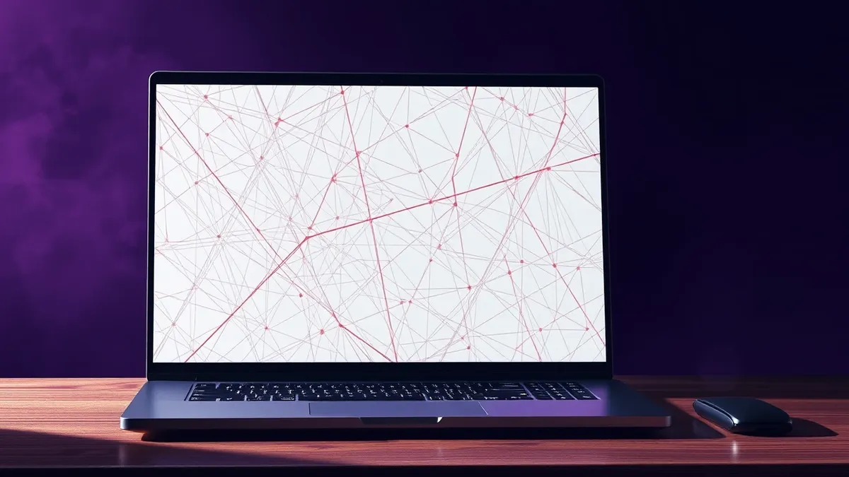Illustration: A sleek black laptop sits on a wooden desk with its screen displaying a stark white interface filled with dense, abstract geometric patterns.