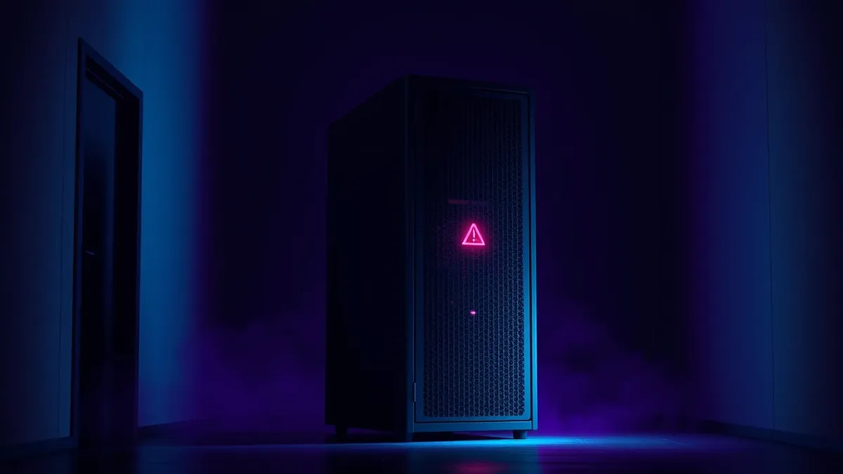 Illustration: A standalone server tower sits in a dim room with its security cage door slightly ajar, inviting access.